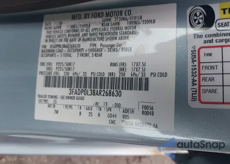 2010 Ford Fusion Hybrid from USA, damaged, VIN 3FADP0L38AR268630